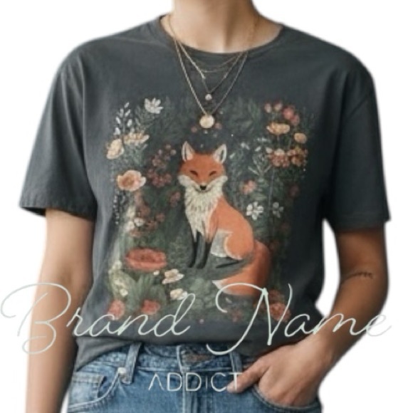 Tops - Floral Forest Fox 100% Cotton Dark Gray Short Sleeve Tee